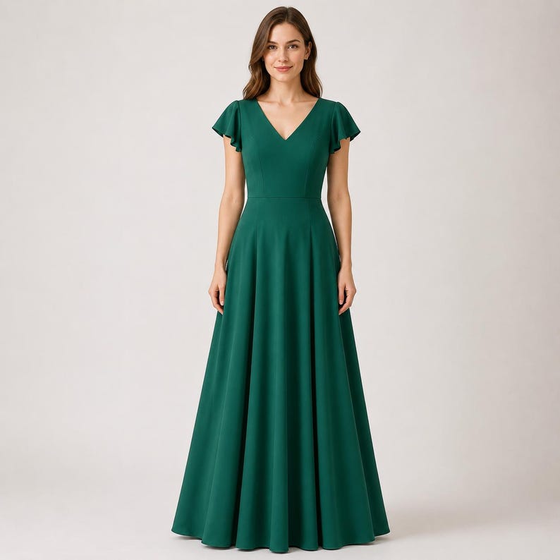 May include: A long, emerald green dress with a V-neckline and short, flutter sleeves. The dress has a fitted bodice and a flowing, floor-length skirt. The model is standing in front of a plain white background.