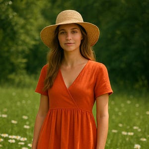 May include: A woman wearing a straw sun hat and a short-sleeved, orange-red wrap dress. The dress has a V-neck and a gathered waist. The background is a green field with white flowers and a blurred green forest.