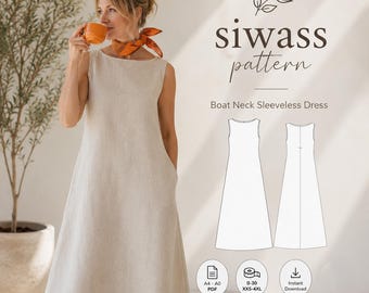 Boat Neck Linen Maxi Dress Sewing Pattern: Sleeveless A-Line PDF, Pockets, Sizes 0–30