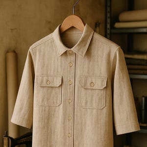 Op de afbeelding: Een beige overhemd met korte mouwen, twee borstzakken en een klassieke kraag. Het overhemd hangt aan een houten hanger. De stof lijkt een getextureerde linnen- of katoenmix te zijn.