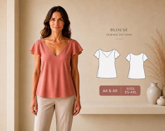 V Neck Flutter Sleeve Blouse Sewing Pattern, Summer Top PDF, XS–4XL, A4 A0