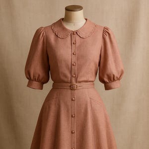Vestido de lino estilo vintage con mangas abullonadas, vestido de verano, patrón de costura en PDF / A4 A0 Carta EE. UU. / Tallas 2-30 / Diseño con cinturón abotonado