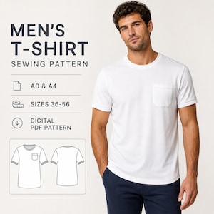 May include: A digital PDF sewing pattern for a t-shirt with a chest pocket. The text reads MEN'S T-SHIRT SEWING PATTERN, A0 & A4, SIZES 36-56, DIGITAL PDF PATTERN. A line drawing shows the front and back of the shirt, and a white t-shirt is shown.