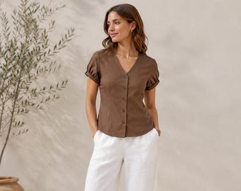 V Neck Linen Blouse Pattern PDF, Short Sleeve Summer Top XS-4XL