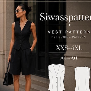 Women's Vest Sewing Pattern PDF, Tailored Button-Front Waistcoat, Sizes XXS–4XL