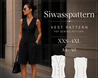 Women's Vest Sewing Pattern PDF, Tailored Button-Front Waistcoat, Sizes XXS–4XL