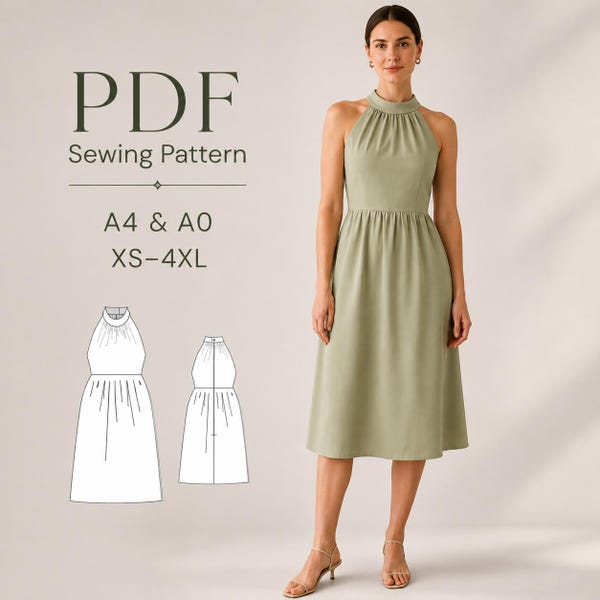 Halter Midi Dress Sewing Pattern, XS-4XL PDF Pattern