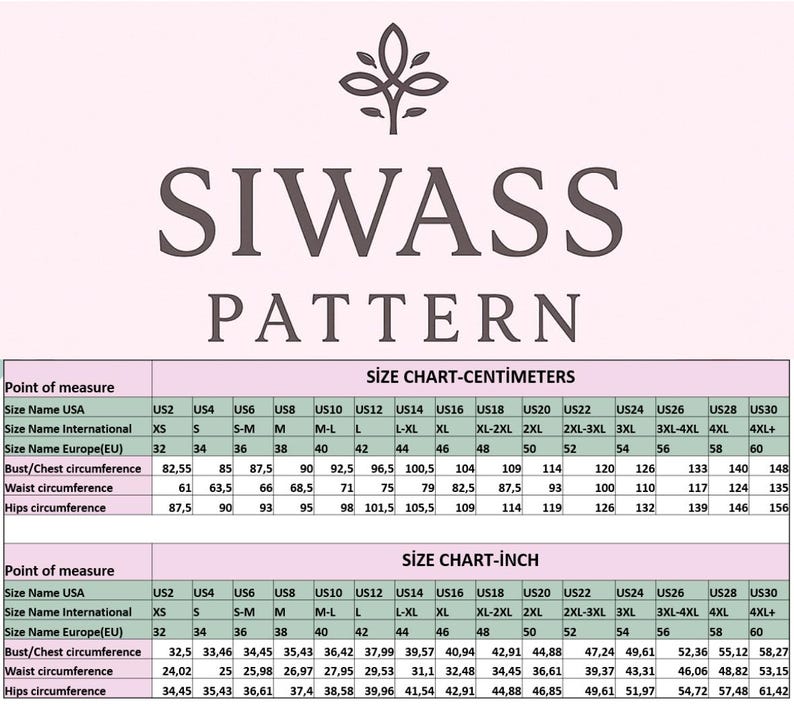 May include: A size chart with measurements in inches and centimeters. The chart includes bust, waist, and hips circumference measurements, along with corresponding US, international, and European sizes. The text "SIWASS PATTERN" is at the top.