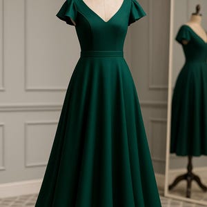 May include: A dark green dress with a V-neck and short, flutter sleeves. The dress has a fitted bodice and a flared skirt, displayed on a mannequin. A mirror reflects the dress.