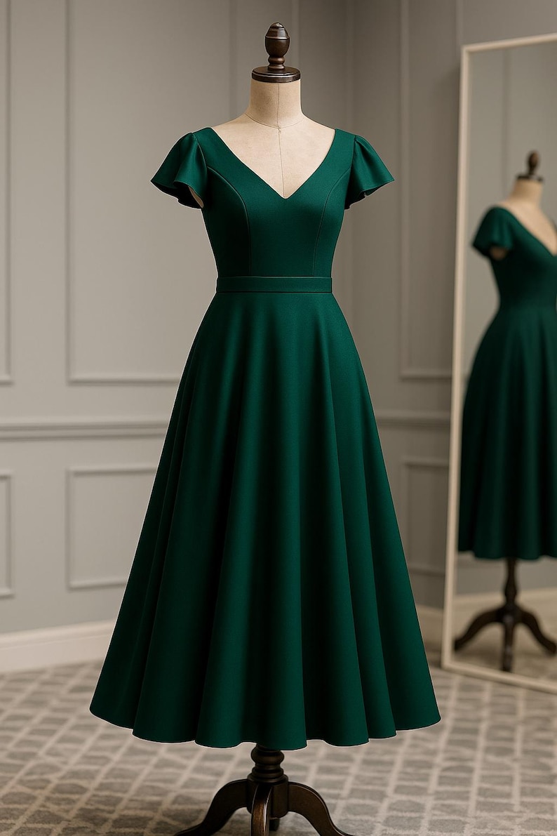 May include: A dark green dress with a V-neck and short, flutter sleeves. The dress has a fitted bodice and a flared skirt, displayed on a mannequin. A mirror reflects the dress.