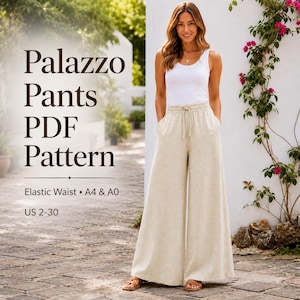 May include: A woman wearing beige palazzo trousers with an elastic waist and drawstring. The trousers are paired with a white vest top. The image includes the text "Palazzo Pants PDF Pattern" and "Elastic Waist • A4 & A0" and "US 2-30".