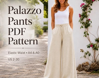 palazzo pants sewing pattern, elastic waist pants, wide leg trousers,  (PDF Download XS-4XL)