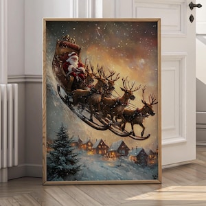 Santa Claus Reindeer Sleigh Print, Magic Printable Christmas Art Wall Decor, Winter Holiday Painting, Neutral Christmas Decor, Vintage