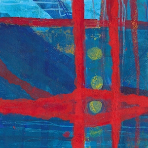 Pode incluir: Uma pintura abstrata com linhas vermelhas texturizadas, horizontais e verticais, que se cruzam sobre um fundo azul profundo. Três pequenas formas circulares amarelas estão alinhadas verticalmente dentro da grade central.