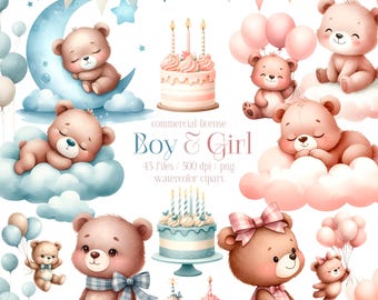 May include: Watercolor clipart set featuring cute teddy bears, clouds, cakes, and cupcakes. The set includes a blue and pink cake, a blue and white cake, a pink cupcake, and a blue cupcake. The teddy bears are wearing bows and are holding balloons. The text "Boy & Girl" is written in a whimsical font.
