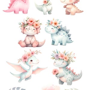 May include: A set of watercolor illustrations featuring cute dinosaurs with floral crowns. The dinosaurs are pink, blue, and green and are in various poses. There is also a pink volcano and two tropical leaves.