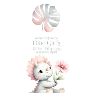 May include: A cute, cartoon-style, light blue dinosaur with pink accents, holding a pink flower. The dinosaur is sitting on a white background with a pink and green tropical leaf in the upper right corner. The text "Dino Girl's" is written in gray below the dinosaur. The text "42 Files / 300 dpi / png watercolor clipart" is written in gray below the text "Dino Girl's".