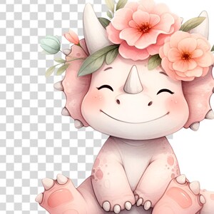 May include: A pink and white cartoon triceratops with a flower crown. The triceratops is sitting with its legs crossed and has a big smile on its face.