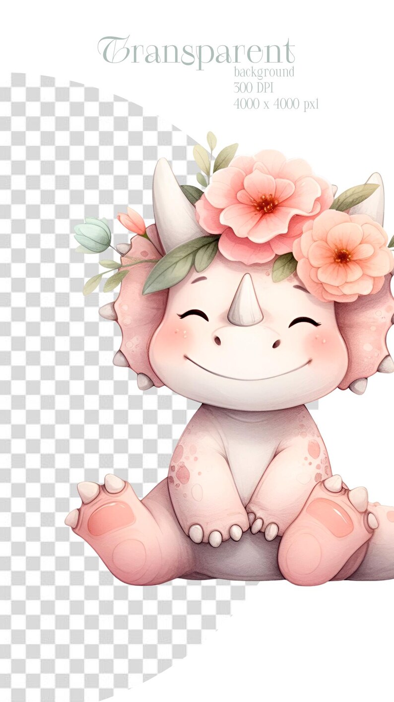 May include: A pink and white cartoon triceratops with a flower crown. The triceratops is sitting with its legs crossed and has a big smile on its face.