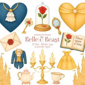 Clipart de La Bella y la Bestia, Bella PNG, Bestia PNG, Acuarela de La Bella y la Bestia PNG, Castillo, Princesa Clipart