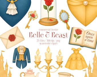 Beauty and the Beast Clipart, Belle PNG, Beast PNG, Watercolor Beauty and the Beast PNG, Castle, Princess Clipart