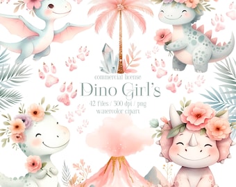 Puede incluir: Un conjunto de clipart de acuarela con adorables dinosaurios con coronas de flores y flores rosas. El conjunto incluye un volcán rosa, una palmera y huellas de patas. El texto "Dino Girl's" está escrito en negro con las palabras "42 archivos / 300 dpi / png clipart de acuarela" debajo.