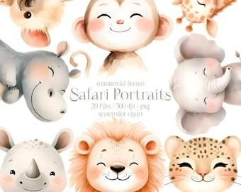 Safari Clipart, Aquarell Safari Portraits Clipart, Baby Tiere, süße Tiere Clipart, Safari Kindergarten, Baby-Dusche Clipart, Dschungel Tiere