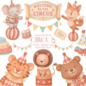 Watercolor Circus Clipart, Cute Circus Animals for Birthday, Baby Shower, Nursery Decor, Cute Animal PNG, Carnival Clipart, Kids Party