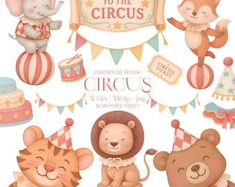 Watercolor Circus Clipart, Cute Circus Animals for Birthday, Baby Shower, Nursery Decor, Cute Animal PNG, Carnival Clipart, Kids Party