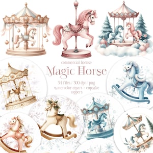 May include: Watercolor illustrations of carousel horses and rocking horses in pastel colours. The image includes a pink carousel horse, a blue rocking horse, and carousel scenes. Text reads "Magic Horse" and "34 files / 300 dpi / png watercolor clipart + cupcake toppers."