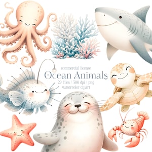Imágenes prediseñadas de animales marinos lindos, imágenes prediseñadas de acuarela submarina, decoración de guardería, baby shower, arte de pared para bebés, guardería de animales, pulpo, medusa, ballena