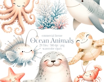 Puede incluir: Un conjunto de 29 imágenes de clipart de acuarela de animales marinos, que incluyen un pulpo, un tiburón, una tortuga marina, un pez pescador, una foca, una estrella de mar y una langosta. Las imágenes están en un estilo de dibujos animados y son perfectas para usar en scrapbooking digital, creación de tarjetas y otros proyectos de manualidades.