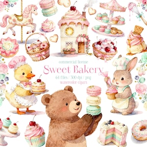 Watercolor Pastel Bakery Clipart | Cute Animal Bakers Cupcake Macaron PNG Sweet Treats | Commercial Use