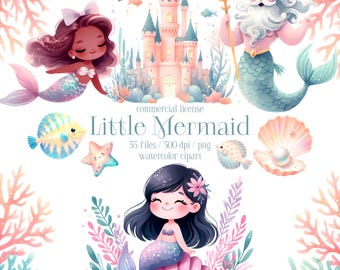 Nursery Mermaid Clipart, Cute Mermaid PNG, Under the Sea Clipart, Cute Sea Animals PNG, Sea Creatures, Seahorse, Dolphin, Commercial Use