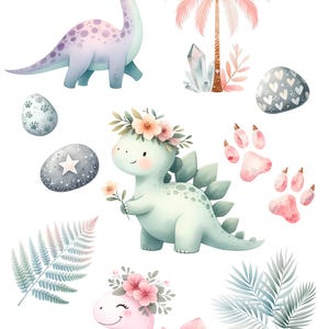 May include: A set of watercolor illustrations featuring cute dinosaurs with floral crowns, palm trees, and other nature-inspired elements. The dinosaurs are pink, purple, and green. The illustrations are perfect for creating invitations, cards, and other crafts.