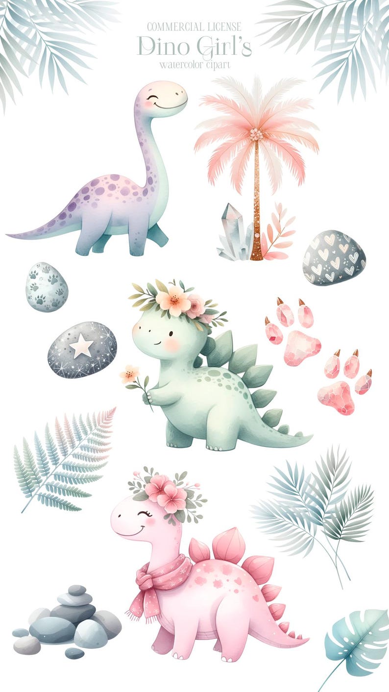 May include: A set of watercolor illustrations featuring cute dinosaurs with floral crowns, palm trees, and other nature-inspired elements. The dinosaurs are pink, purple, and green. The illustrations are perfect for creating invitations, cards, and other crafts.