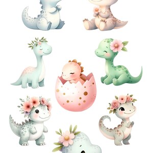 May include: A set of seven watercolor illustrations of cute dinosaurs with floral crowns. The dinosaurs are in various poses, including sitting, standing, and hatching from an egg. The illustrations are perfect for use in children's books, greeting cards, or other creative projects.
