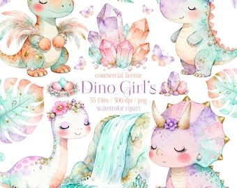 Girl Dinosaur Clipart | Pastel Dino Watercolor PNG with Crystals Flowers, Nursery Clipart | Commercial Use