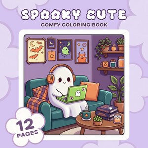 May include: A "Spooky Cute" coloring book cover featuring a cartoon ghost wearing headphones and using a laptop. The ghost is seated on a teal couch in a room with Halloween-themed wall art. The cover also displays the text "Comfy Coloring Book" and "12 Pages."