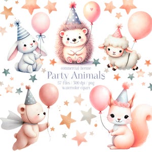Clipart di festa di compleanno carina, Clipart mensile per bambini, Compleanno di bambini, Cuccioli di animali con palloncini, Animali del bosco, Animali del safari, Baby shower