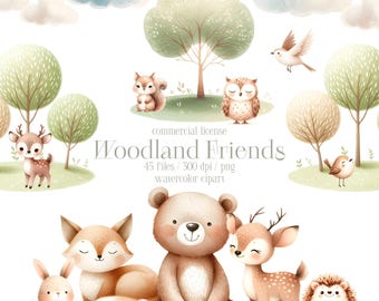 May include: Watercolor clipart set featuring woodland animals including a bear, fox, deer, squirrel, owl, rabbit, hedgehog, and birds. The image has a soft, pastel color palette with trees, clouds, and the text "Woodland Friends".