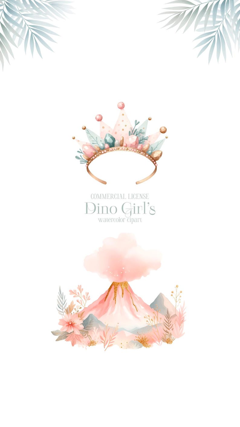 May include: Watercolor clipart featuring a pink and gold volcano with a crown on top. The volcano is surrounded by green and pink foliage. The text "COMMERCIAL LICENSE Dino Girl's watercolor clipart" is below the volcano.