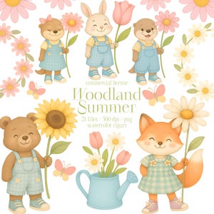 Clipart été animaux des bois, mignons animaux de la forêt avec des fleurs, lapin, renard, loutre PNG, art de la forêt aquarelle pastel