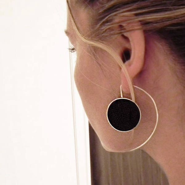 Big Silver Earrings, Long Sterling Silver Earrings, Big Statement Silver Resin Earrings, Black Earrings, Black Jewellery