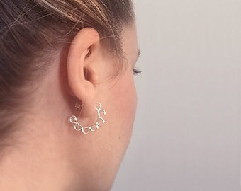 Small Silver Hoop Earrings, Flower Hoop Earrings, Post Earrings, Mini Flos Earrings