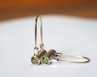 Silver Solid Gold Tube Cylinder Peridot Earrings