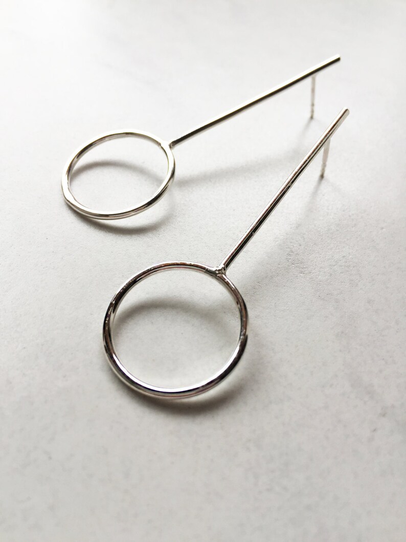 Simple Circle Earrings Minimalist Silver Earrings Long Silver Earrings Circle Silver Stud Earrings