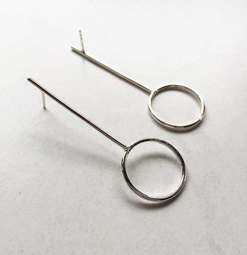 Simple Circle Earrings Minimalist Silver Earrings Long Silver Earrings Circle Silver Stud Earrings
