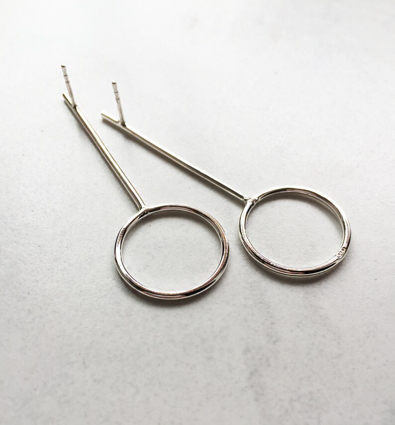 Simple Circle Earrings Minimalist Silver Earrings Long Silver Earrings Circle Silver Stud Earrings