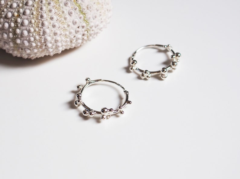 Small Silver Hoop Earrings, Flower Hoop Earrings, Post Earrings, Mini Pollen Earrings image 2